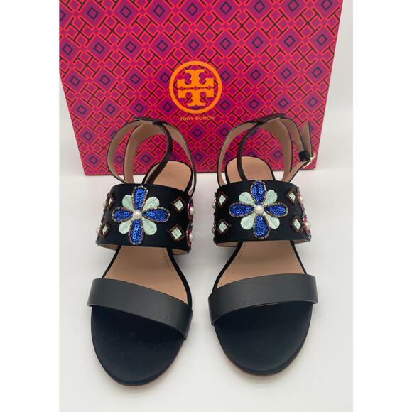 TORY BURCH BEADED BLACK WEDGE SANDALS ANKLE STRAP 7! - Picture 3 of 11